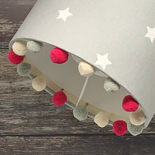 Load image into Gallery viewer, Grey twinkle fabric lampshade with pompom trim 
