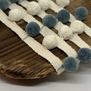 Denim and ivory pompom trim on plain braid