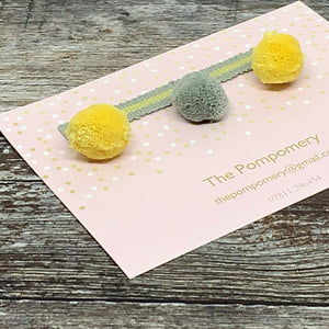 Buttercup and Mouse Grey Pompom Trim sample card
