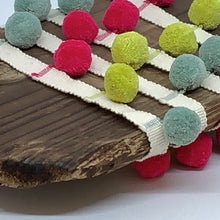 Cargar imagen en el visor de la galería, Duck Egg, Lime, and Faded Raspberry Pompom trim on a plain braid
