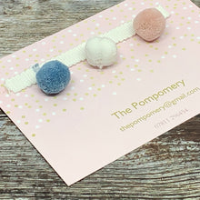 Load image into Gallery viewer, Faded Rose, Country Blue and Ghost White Pompom sample card

