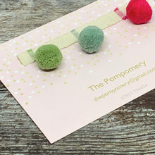 Cargar imagen en el visor de la galería, Duck Egg, Meadow Green, and Faded Raspberry Pompom trim Sample card
