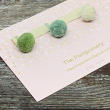 Load image into Gallery viewer, Duck Egg, Meadow Green, and Ivory Pompom sample card
